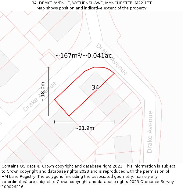 34, DRAKE AVENUE, WYTHENSHAWE, MANCHESTER, M22 1BT: Plot and title map