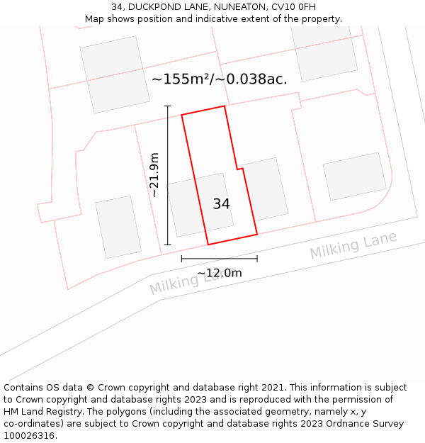 34, DUCKPOND LANE, NUNEATON, CV10 0FH: Plot and title map
