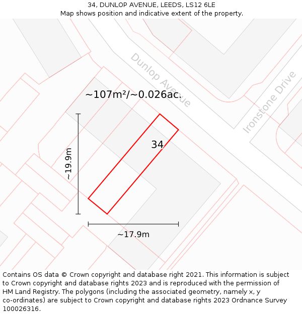34, DUNLOP AVENUE, LEEDS, LS12 6LE: Plot and title map