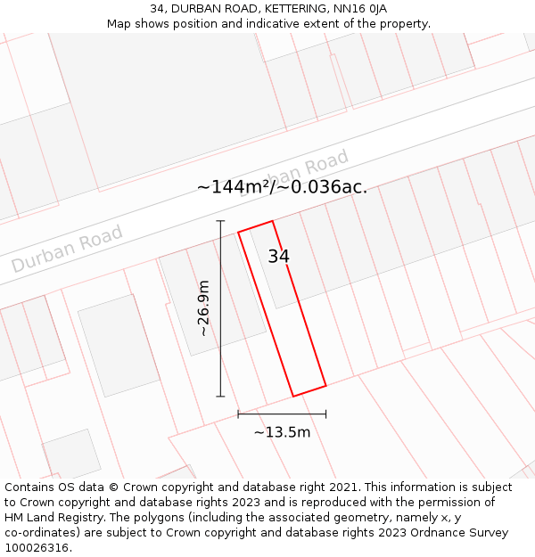 34, DURBAN ROAD, KETTERING, NN16 0JA: Plot and title map
