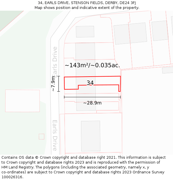 34, EARLS DRIVE, STENSON FIELDS, DERBY, DE24 3FJ: Plot and title map