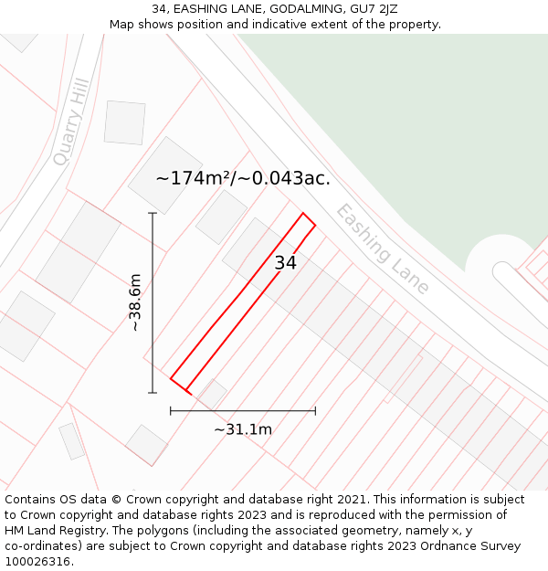 34, EASHING LANE, GODALMING, GU7 2JZ: Plot and title map