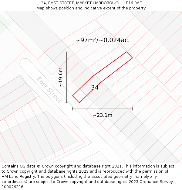 34, EAST STREET, MARKET HARBOROUGH, LE16 9AE: Plot and title map