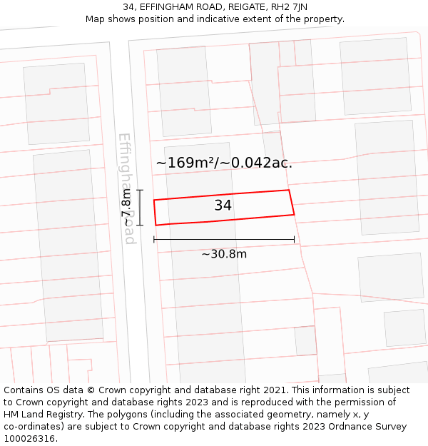 34, EFFINGHAM ROAD, REIGATE, RH2 7JN: Plot and title map