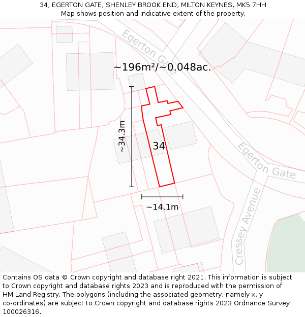 34, EGERTON GATE, SHENLEY BROOK END, MILTON KEYNES, MK5 7HH: Plot and title map