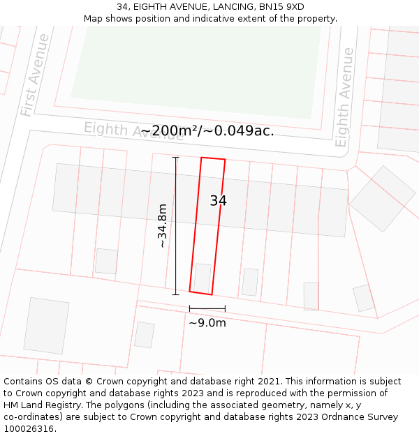 34, EIGHTH AVENUE, LANCING, BN15 9XD: Plot and title map