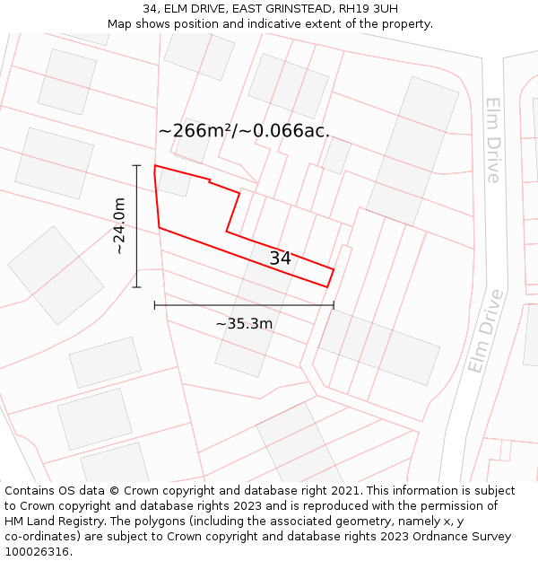34, ELM DRIVE, EAST GRINSTEAD, RH19 3UH: Plot and title map