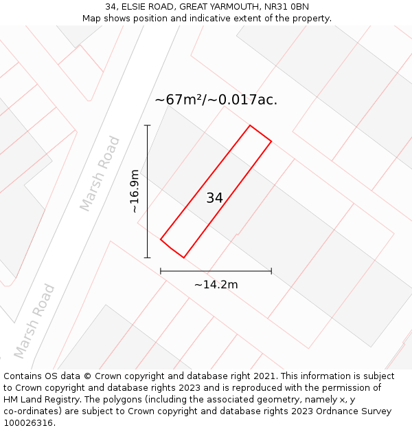 34, ELSIE ROAD, GREAT YARMOUTH, NR31 0BN: Plot and title map