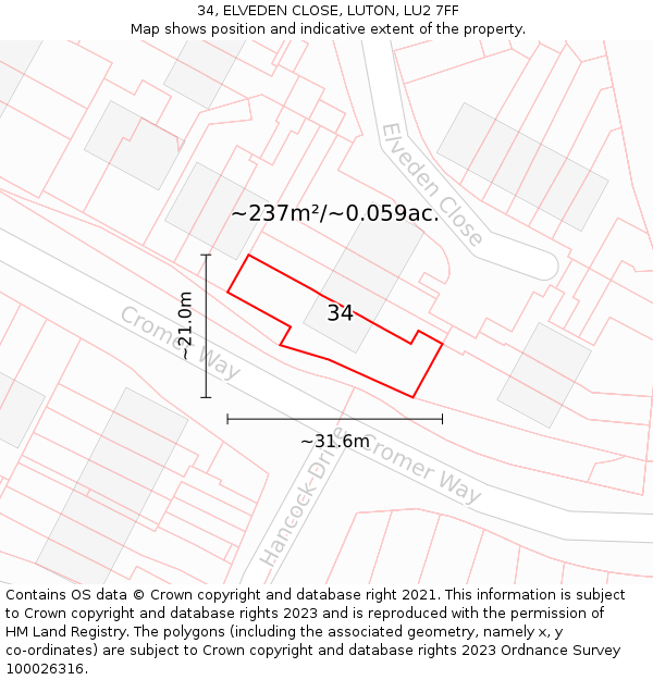 34, ELVEDEN CLOSE, LUTON, LU2 7FF: Plot and title map