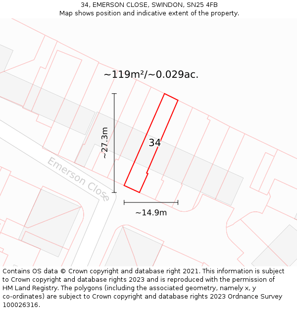 34, EMERSON CLOSE, SWINDON, SN25 4FB: Plot and title map