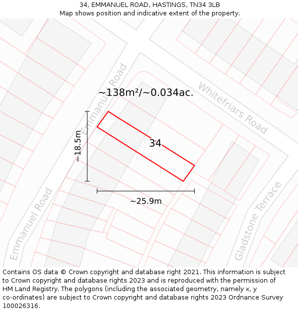 34, EMMANUEL ROAD, HASTINGS, TN34 3LB: Plot and title map