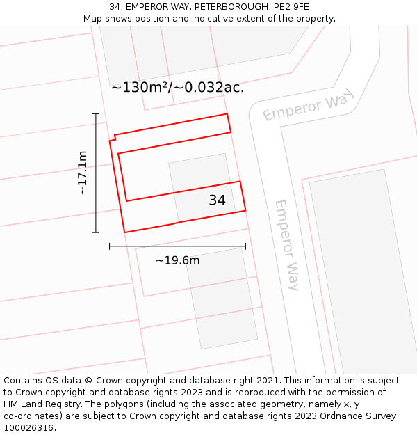 34, EMPEROR WAY, PETERBOROUGH, PE2 9FE: Plot and title map