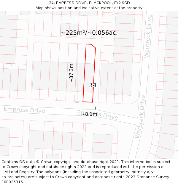 34, EMPRESS DRIVE, BLACKPOOL, FY2 9SD: Plot and title map