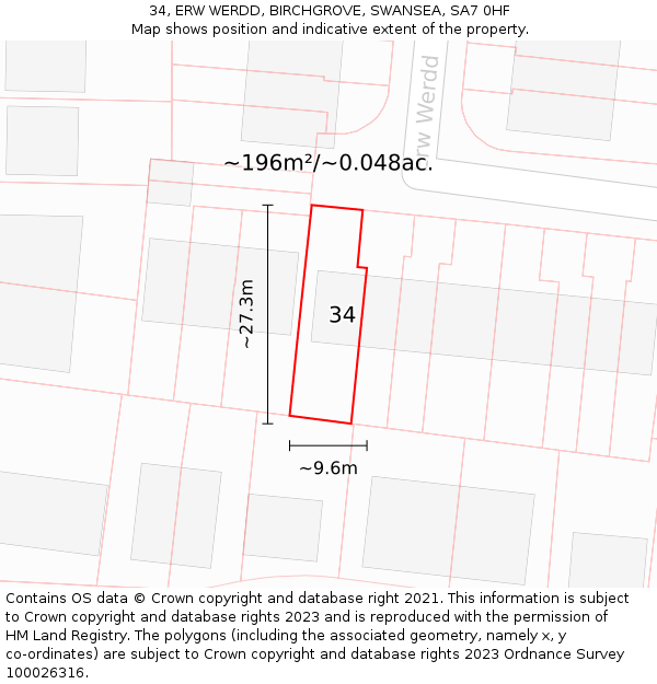 34, ERW WERDD, BIRCHGROVE, SWANSEA, SA7 0HF: Plot and title map