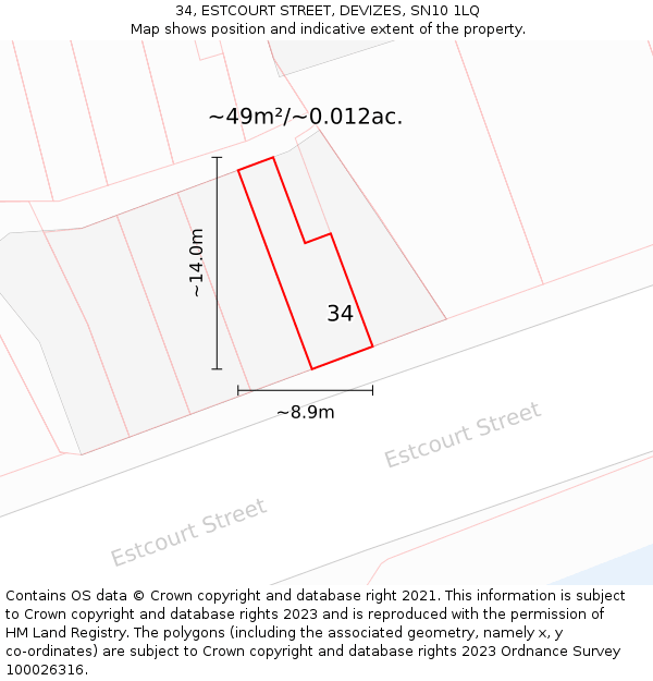 34, ESTCOURT STREET, DEVIZES, SN10 1LQ: Plot and title map