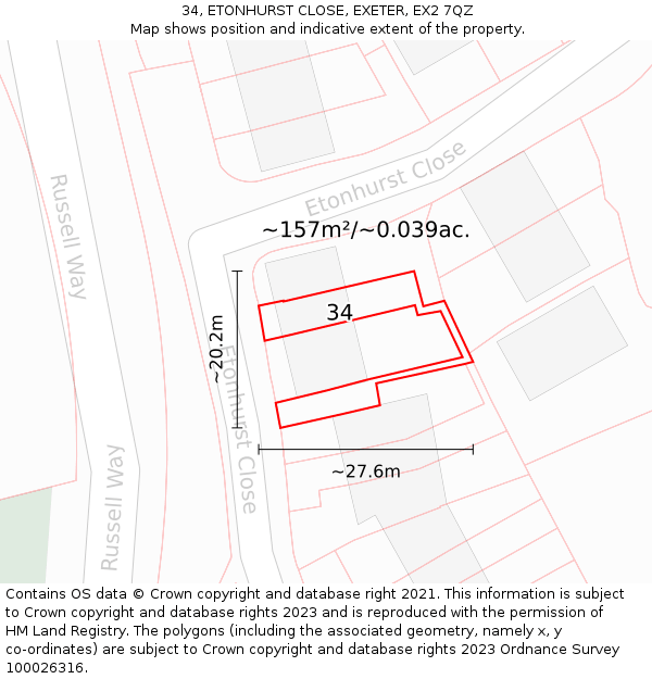34, ETONHURST CLOSE, EXETER, EX2 7QZ: Plot and title map