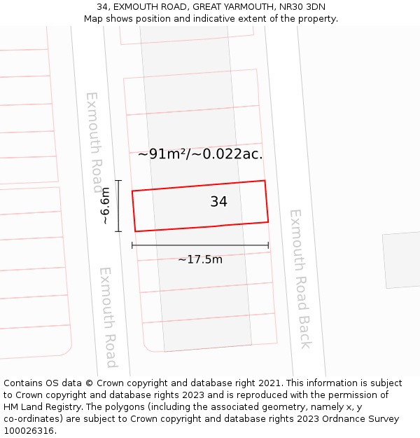 34, EXMOUTH ROAD, GREAT YARMOUTH, NR30 3DN: Plot and title map