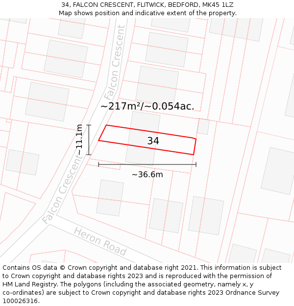 34, FALCON CRESCENT, FLITWICK, BEDFORD, MK45 1LZ: Plot and title map