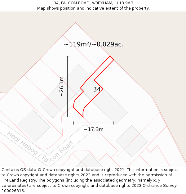 34, FALCON ROAD, WREXHAM, LL13 9AB: Plot and title map
