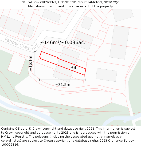 34, FALLOW CRESCENT, HEDGE END, SOUTHAMPTON, SO30 2QG: Plot and title map