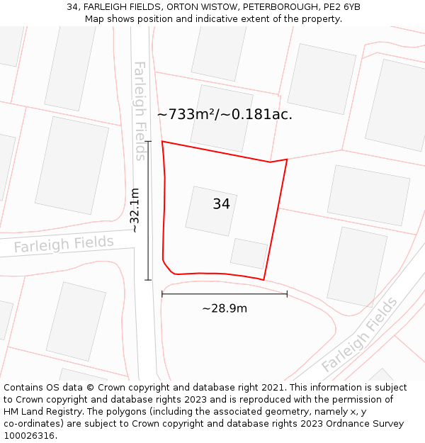 34, FARLEIGH FIELDS, ORTON WISTOW, PETERBOROUGH, PE2 6YB: Plot and title map