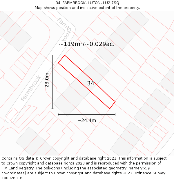 34, FARMBROOK, LUTON, LU2 7SQ: Plot and title map