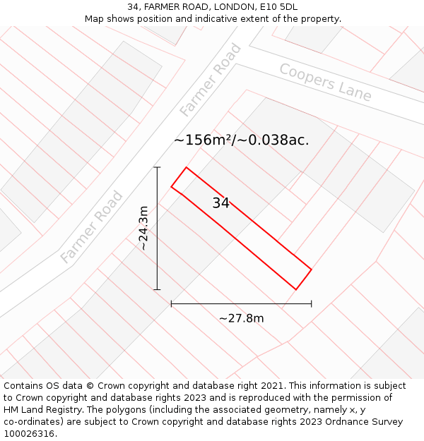 34, FARMER ROAD, LONDON, E10 5DL: Plot and title map