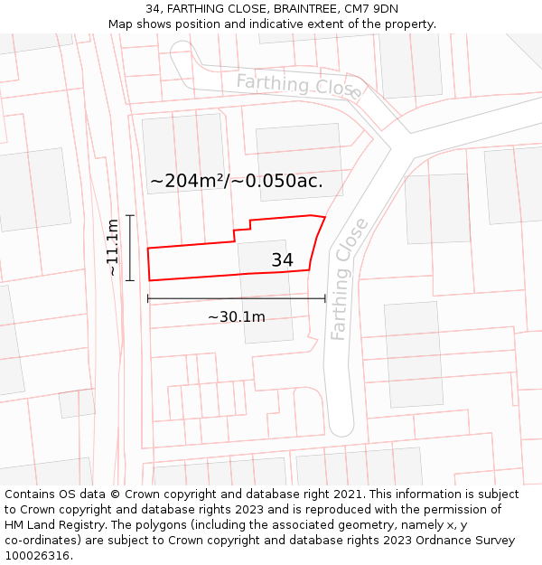34, FARTHING CLOSE, BRAINTREE, CM7 9DN: Plot and title map
