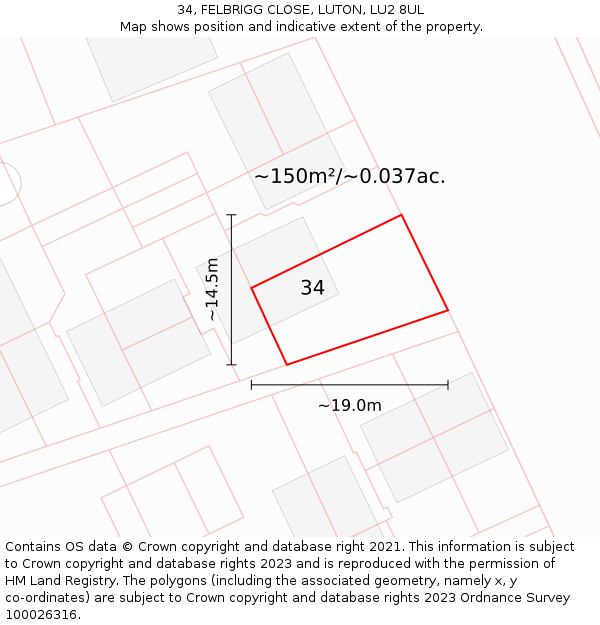 34, FELBRIGG CLOSE, LUTON, LU2 8UL: Plot and title map