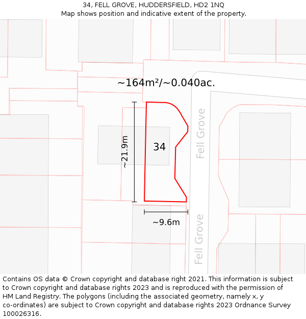 34, FELL GROVE, HUDDERSFIELD, HD2 1NQ: Plot and title map