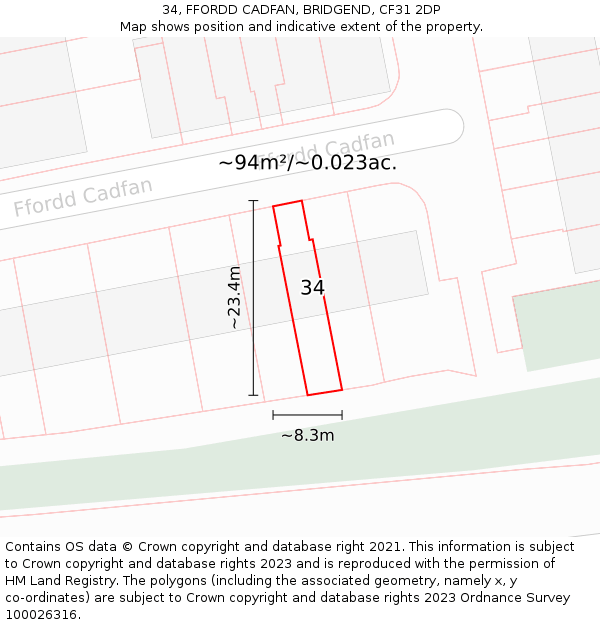 34, FFORDD CADFAN, BRIDGEND, CF31 2DP: Plot and title map