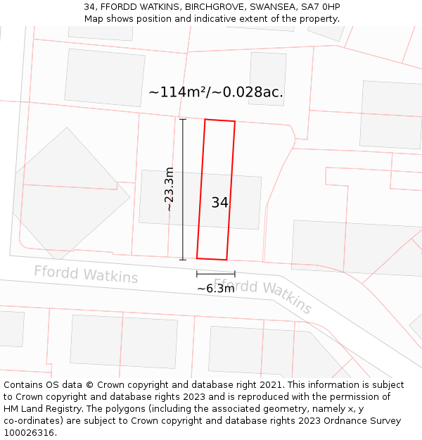 34, FFORDD WATKINS, BIRCHGROVE, SWANSEA, SA7 0HP: Plot and title map
