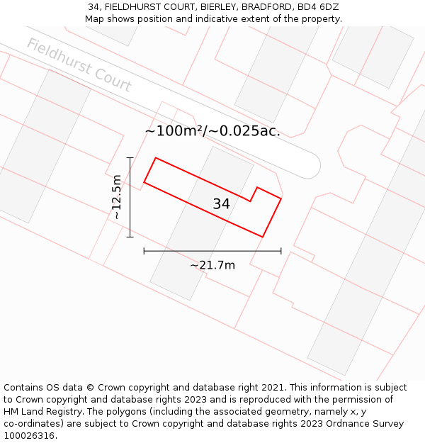 34, FIELDHURST COURT, BIERLEY, BRADFORD, BD4 6DZ: Plot and title map