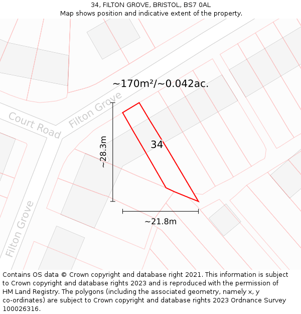 34, FILTON GROVE, BRISTOL, BS7 0AL: Plot and title map