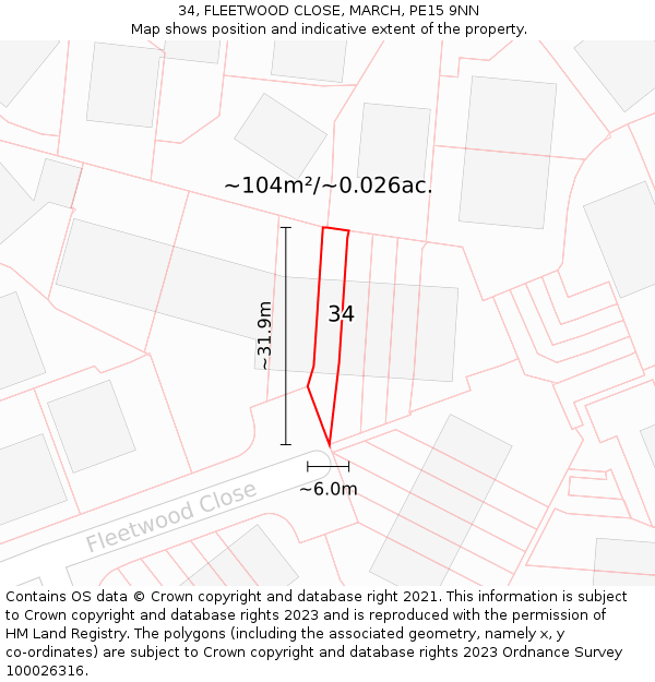 34, FLEETWOOD CLOSE, MARCH, PE15 9NN: Plot and title map