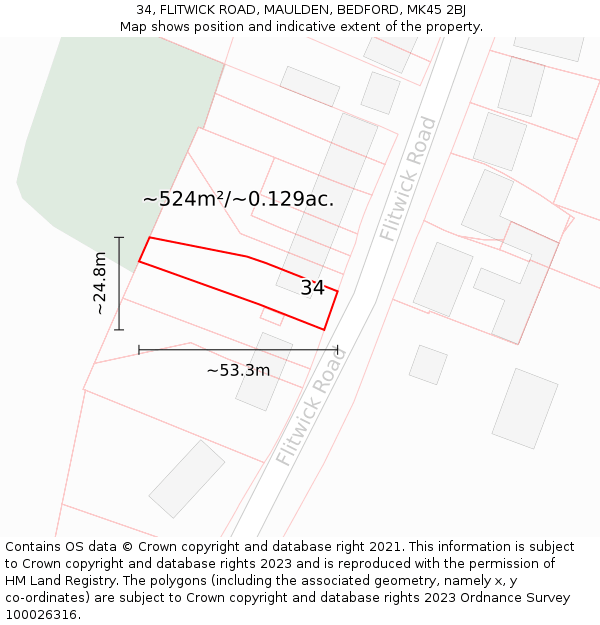 34, FLITWICK ROAD, MAULDEN, BEDFORD, MK45 2BJ: Plot and title map