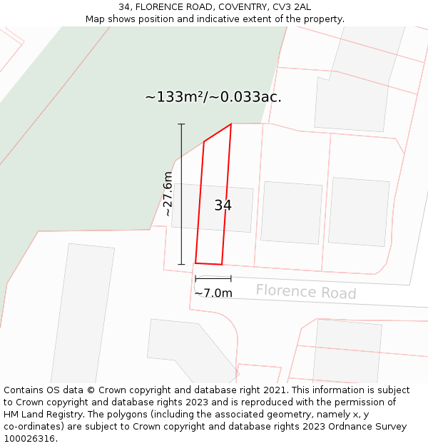 34, FLORENCE ROAD, COVENTRY, CV3 2AL: Plot and title map