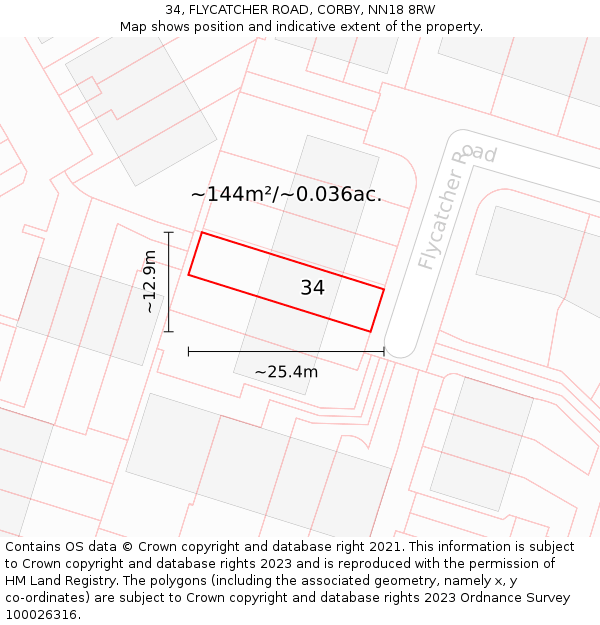34, FLYCATCHER ROAD, CORBY, NN18 8RW: Plot and title map