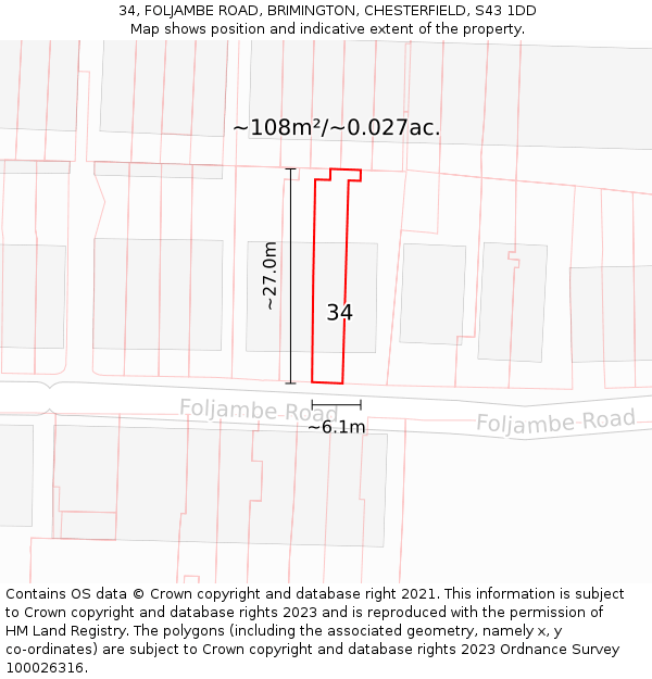 34, FOLJAMBE ROAD, BRIMINGTON, CHESTERFIELD, S43 1DD: Plot and title map