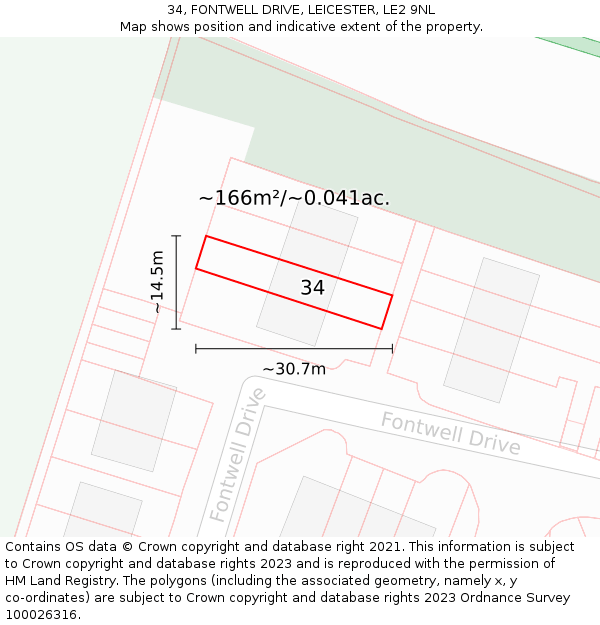 34, FONTWELL DRIVE, LEICESTER, LE2 9NL: Plot and title map