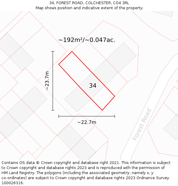 34, FOREST ROAD, COLCHESTER, CO4 3RL: Plot and title map