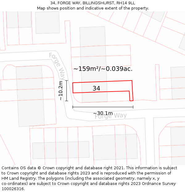 34, FORGE WAY, BILLINGSHURST, RH14 9LL: Plot and title map