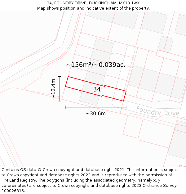 34, FOUNDRY DRIVE, BUCKINGHAM, MK18 1WX: Plot and title map