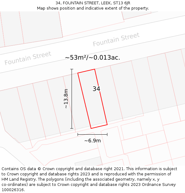 34, FOUNTAIN STREET, LEEK, ST13 6JR: Plot and title map