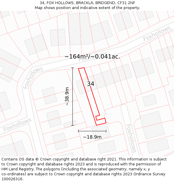34, FOX HOLLOWS, BRACKLA, BRIDGEND, CF31 2NF: Plot and title map