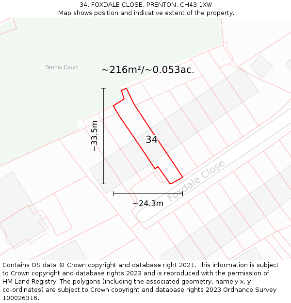 34, FOXDALE CLOSE, PRENTON, CH43 1XW: Plot and title map