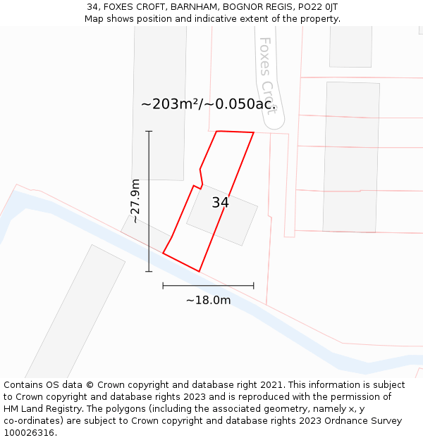34, FOXES CROFT, BARNHAM, BOGNOR REGIS, PO22 0JT: Plot and title map