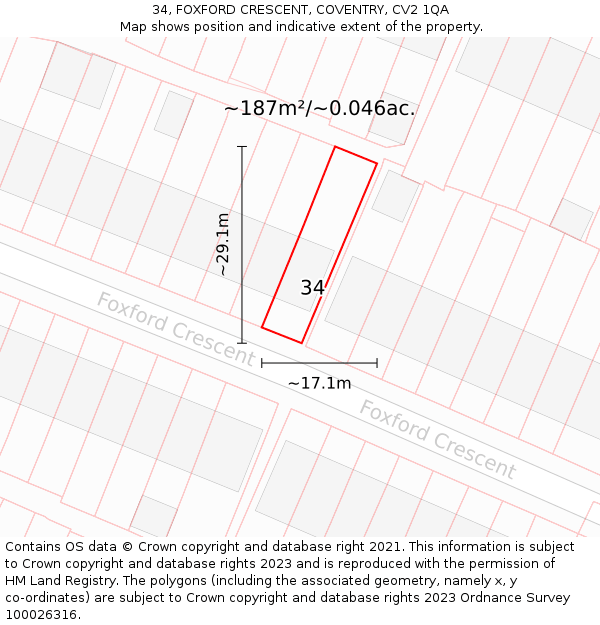 34, FOXFORD CRESCENT, COVENTRY, CV2 1QA: Plot and title map