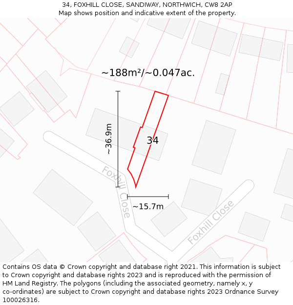 34, FOXHILL CLOSE, SANDIWAY, NORTHWICH, CW8 2AP: Plot and title map