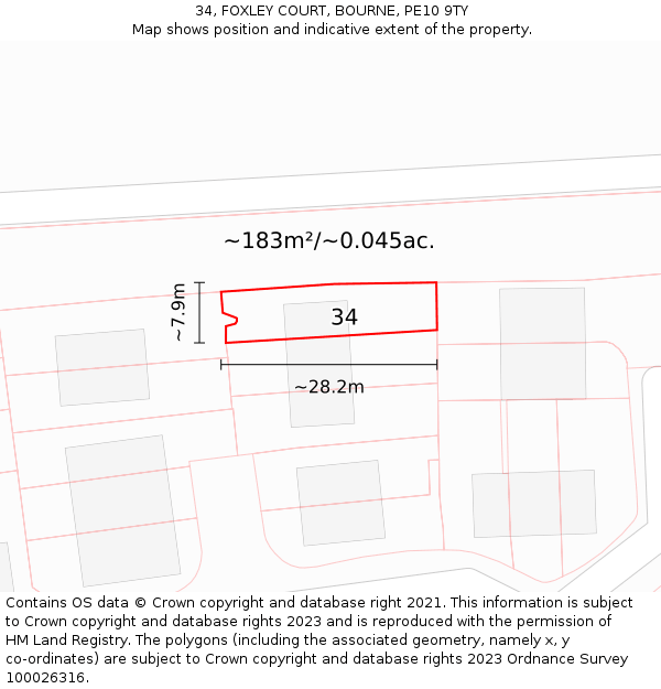 34, FOXLEY COURT, BOURNE, PE10 9TY: Plot and title map